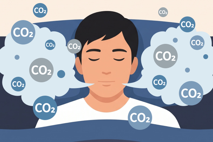 ベッドで眠る人物と、呼気で発生するCO₂粒子のイメージ