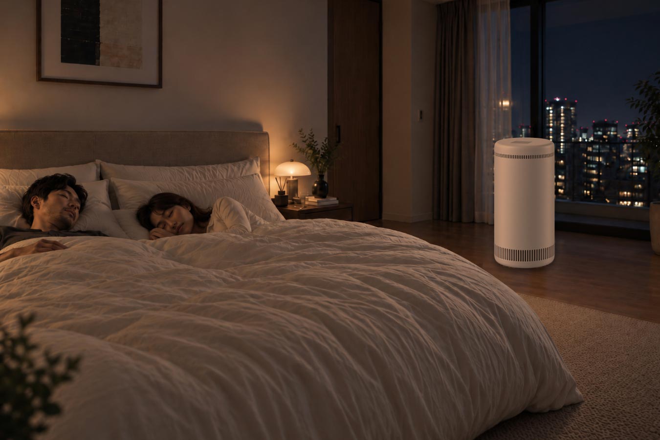 ベッドサイドにCO₂ CARE AIR®を置いた寝室のイメージ