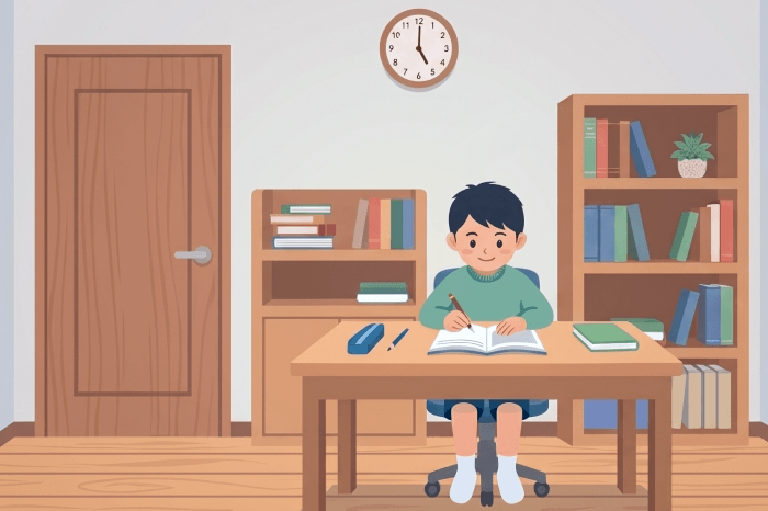 ドアを閉めて学習机に向かう子どもの部屋の断面図
