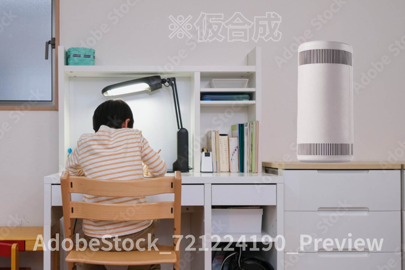 学習机やベッドのそばにCO₂ CARE AIR®を置いた子ども部屋のイメージ